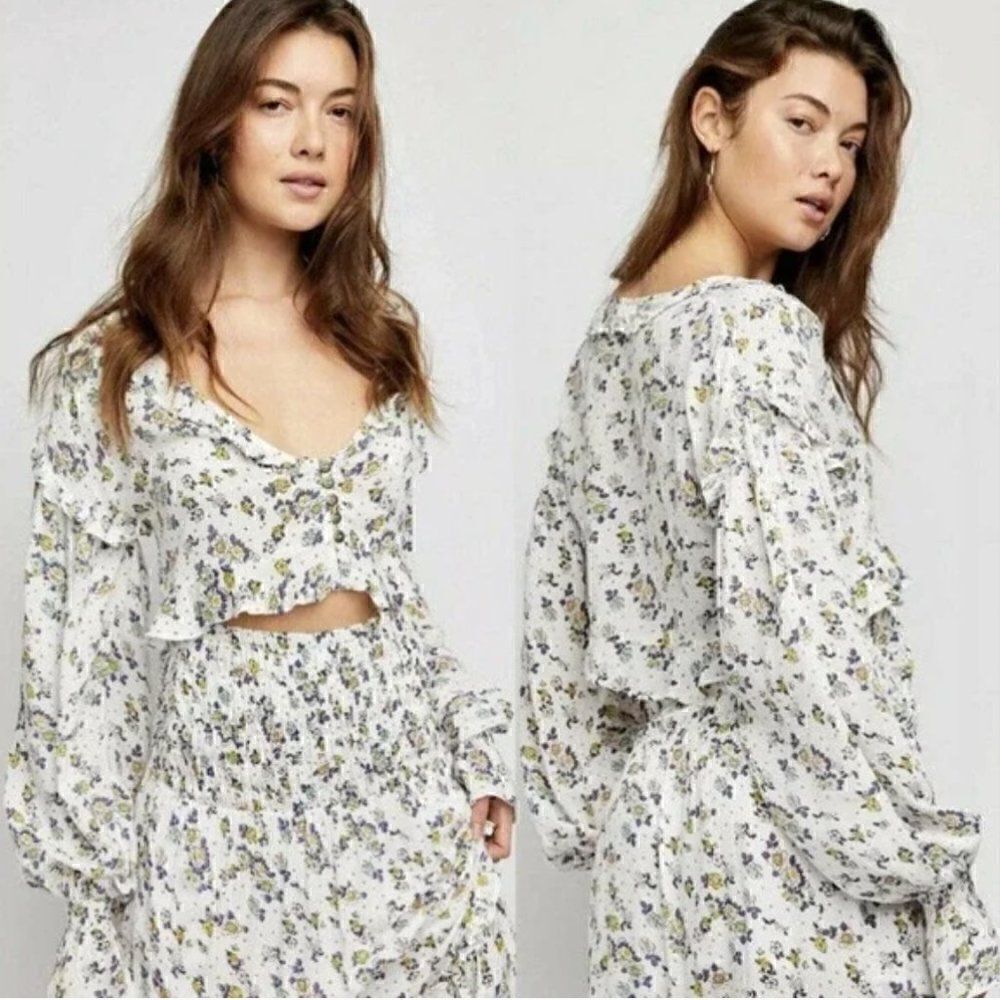 Free People White Floral Cropped Blouse NWT